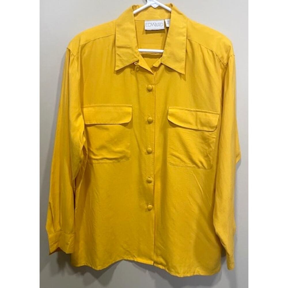100% Silk Edward Mustard Yellow Button Up Women's Sz Med